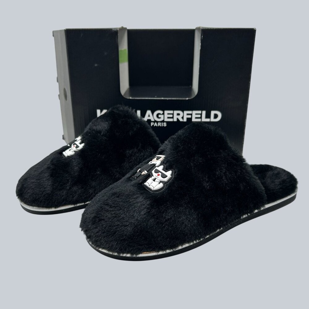 Karl Lagerfeld Womens Black Faux Fur Slippers Size 10